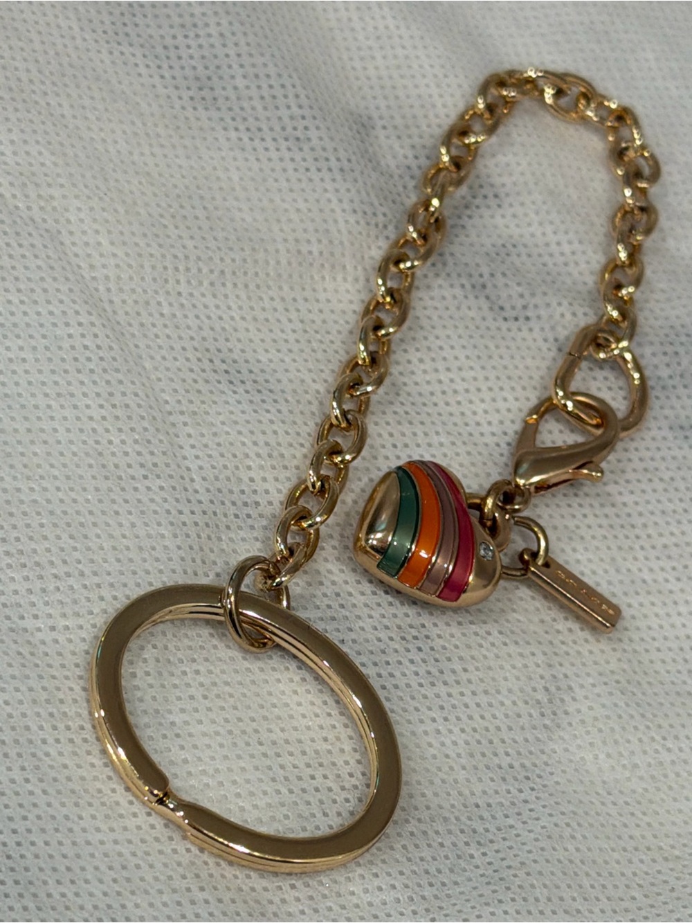 Coach Gold-Tone Chain Keyring with Heart Charm and Rainbow Enamel - Picture 7 of 7